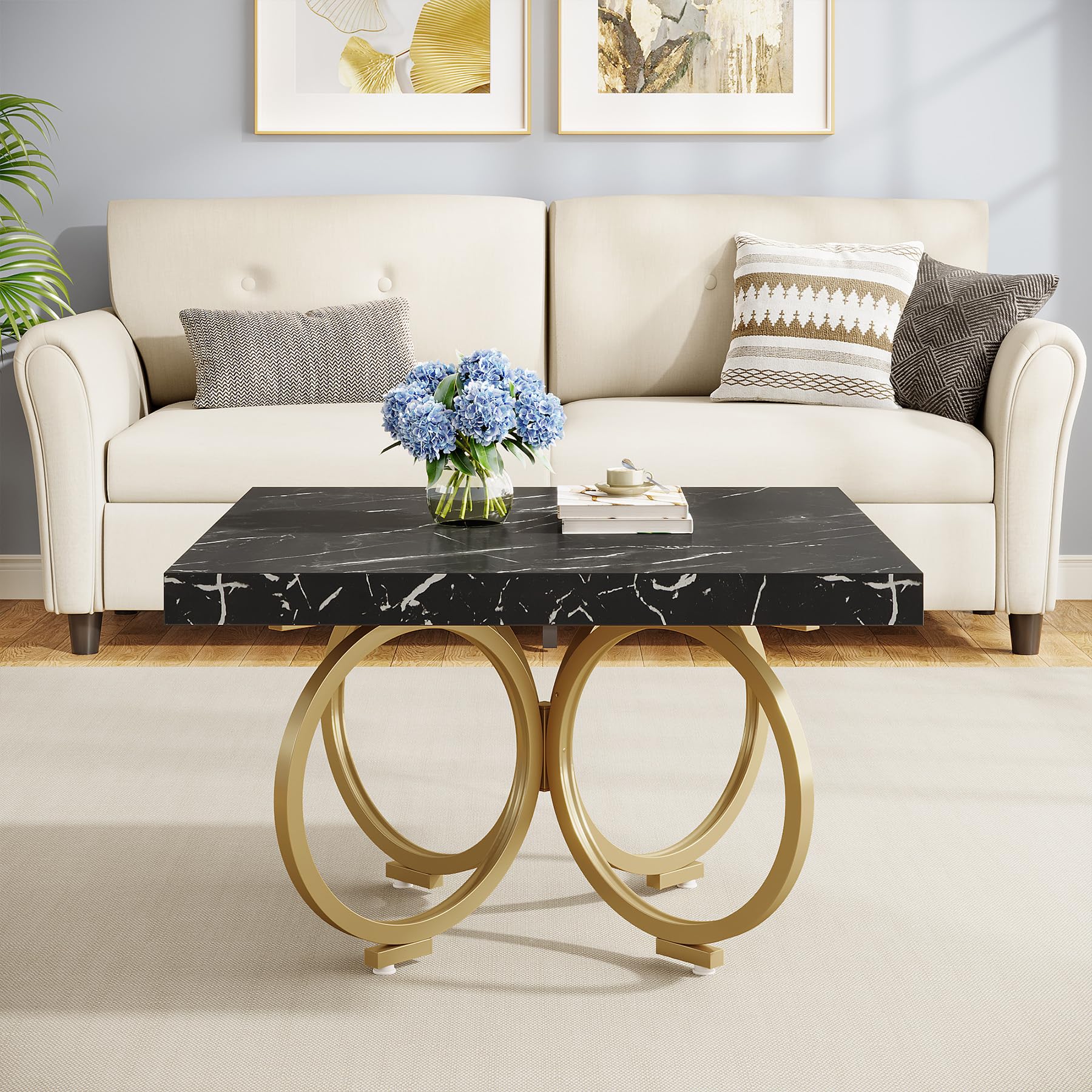 Tribesigns Square Coffee Table, 31.5 Inch Modern Black Cocktail Table with Gold Geometric Frame, Faux Marble Center Table Tea Table for Living Room, Simple Assembly (Black & Gold) - WoodArtSupply