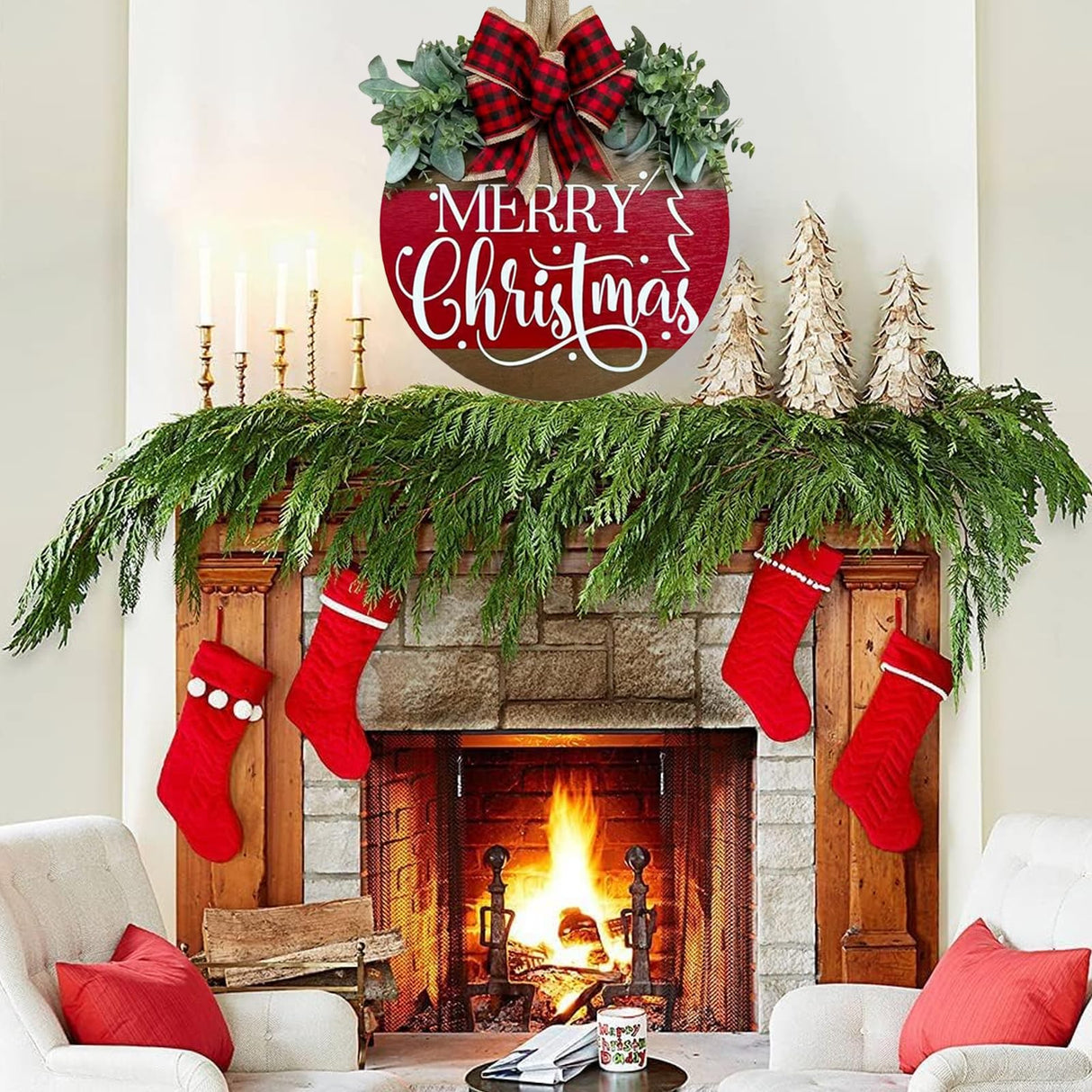 Merry Christmas Door Hanger Sign for Front, Chrismas Welcome Wooden Wreaths Sign with Bow for Winter Farmhouse Garden Porch Decorations (Christmas Door Sign) VQRZG