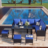 HLNPTN 7-Piece Patio Furniture Set, Outdoor Couch with Dining Table & Ottomans, PE Rattan Sofa Set with Cushions for Deck, Yard, Poolside (Blue) HLNPTN