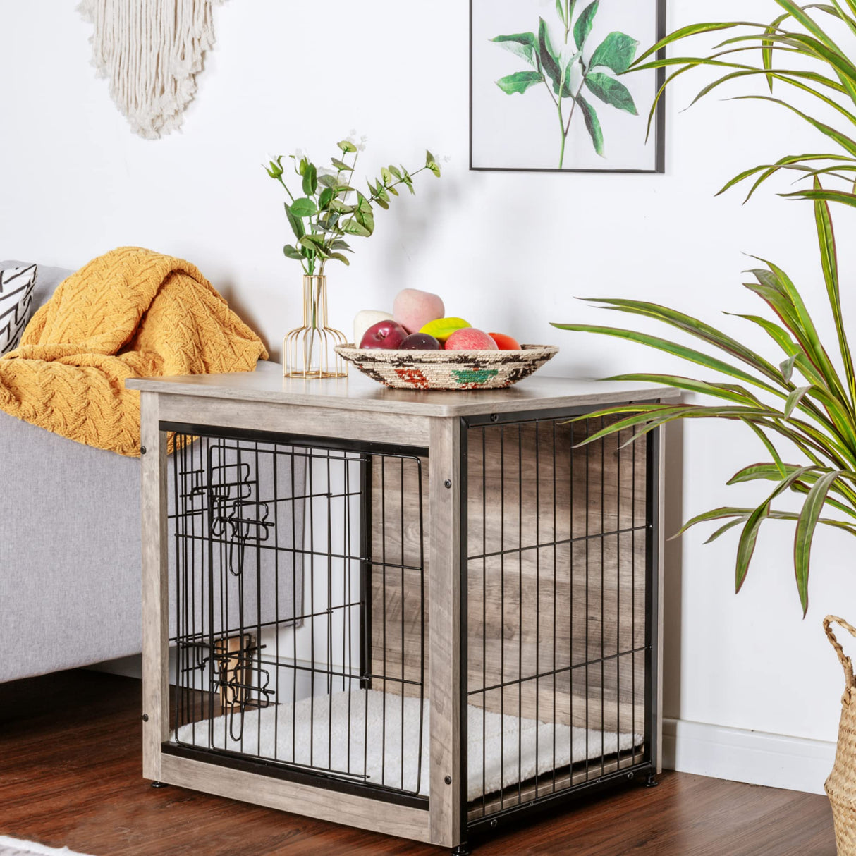 DWANTON Dog Crate Furniture with Cushion, Wooden Dog Crate with Double Doors, Dog Furniture, Dog Kennel Indoor for Small/Medium/Large Dog，End Table, Small, 27.2" L, Greige Dwanton