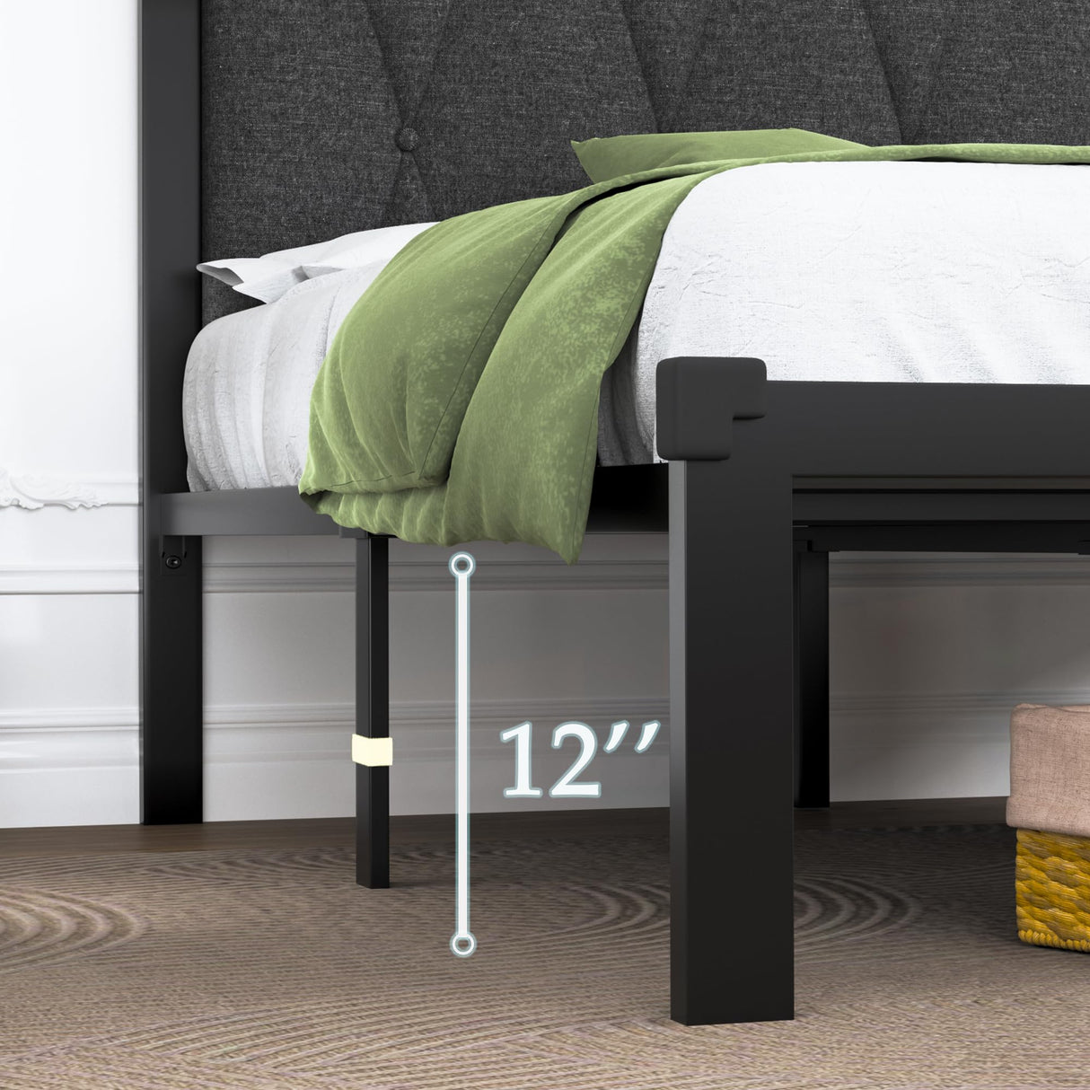 Feonase Twin Size Metal Bed Frame with Fabric Button Tufted Headboard, Platform Bed Frame with Heavy Duty Metal Slats, 12" Storage Space, Noise Free, No Box Spring Needed, Dark Grey Feonase