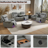 Air Leather Power Recliner Sofa Set with LED, Reclining Living Room Furniture Sets, Power Recliner Couch Set with USB Ports for House/Home Theater (Grey, Sofa+Loveseat+Chair) AYCP Furniture
