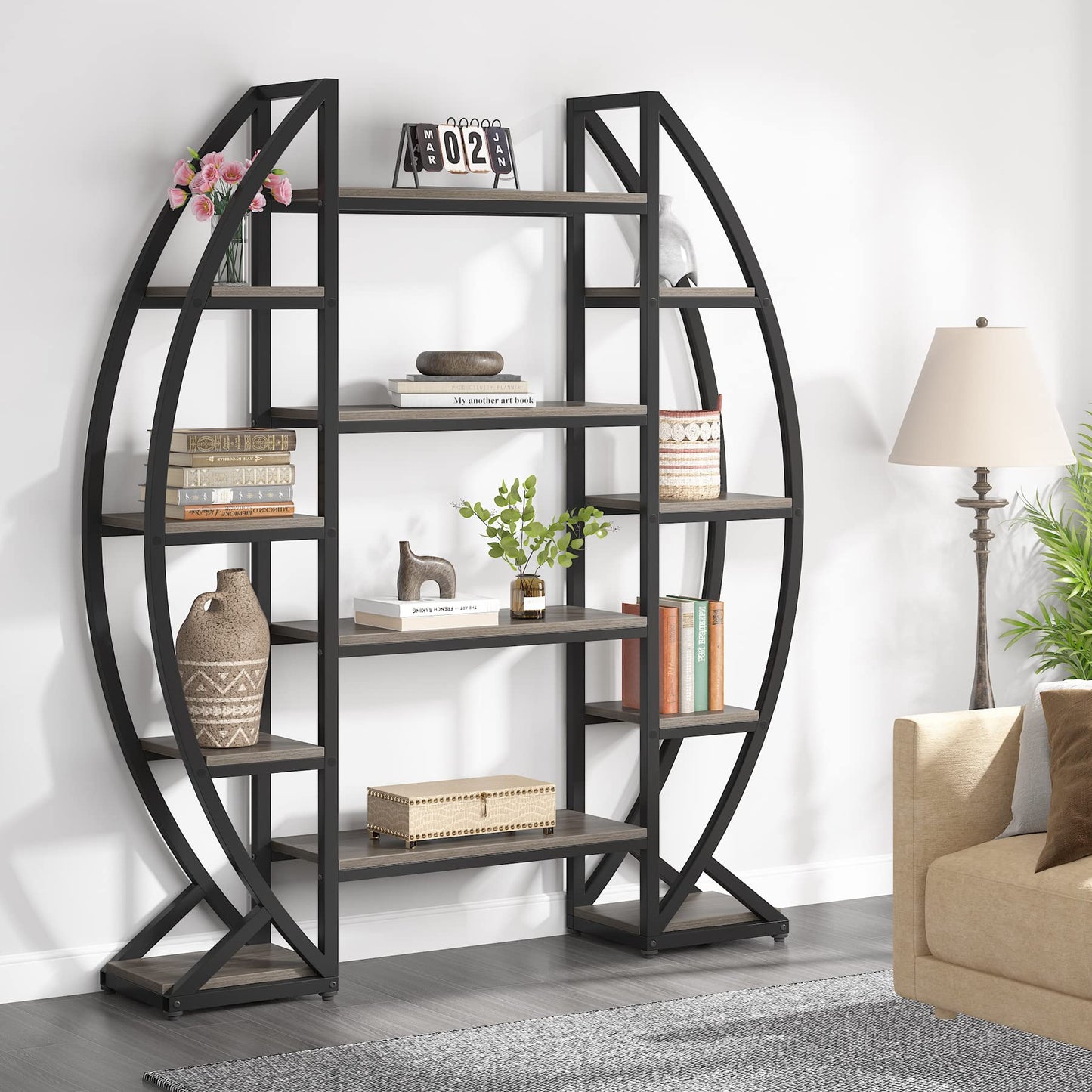 Tribesigns Industrial Elegant Oval 5-Tier Bookshelf in Grey - WoodArtSupply