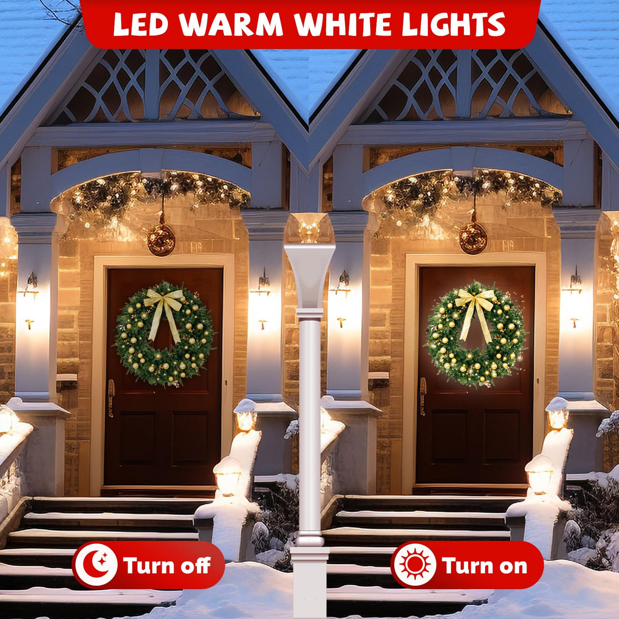 VINGLI 36 Inch Prelit Christmas Wreath, Lighted Christmas Wreath for Front Door, Window, Fireplaces, Indoor Decorate, with 100 LED Lights, 350 Tips, Bow, Pine Cones, Gold Ornaments (Plug-in) VINGLI