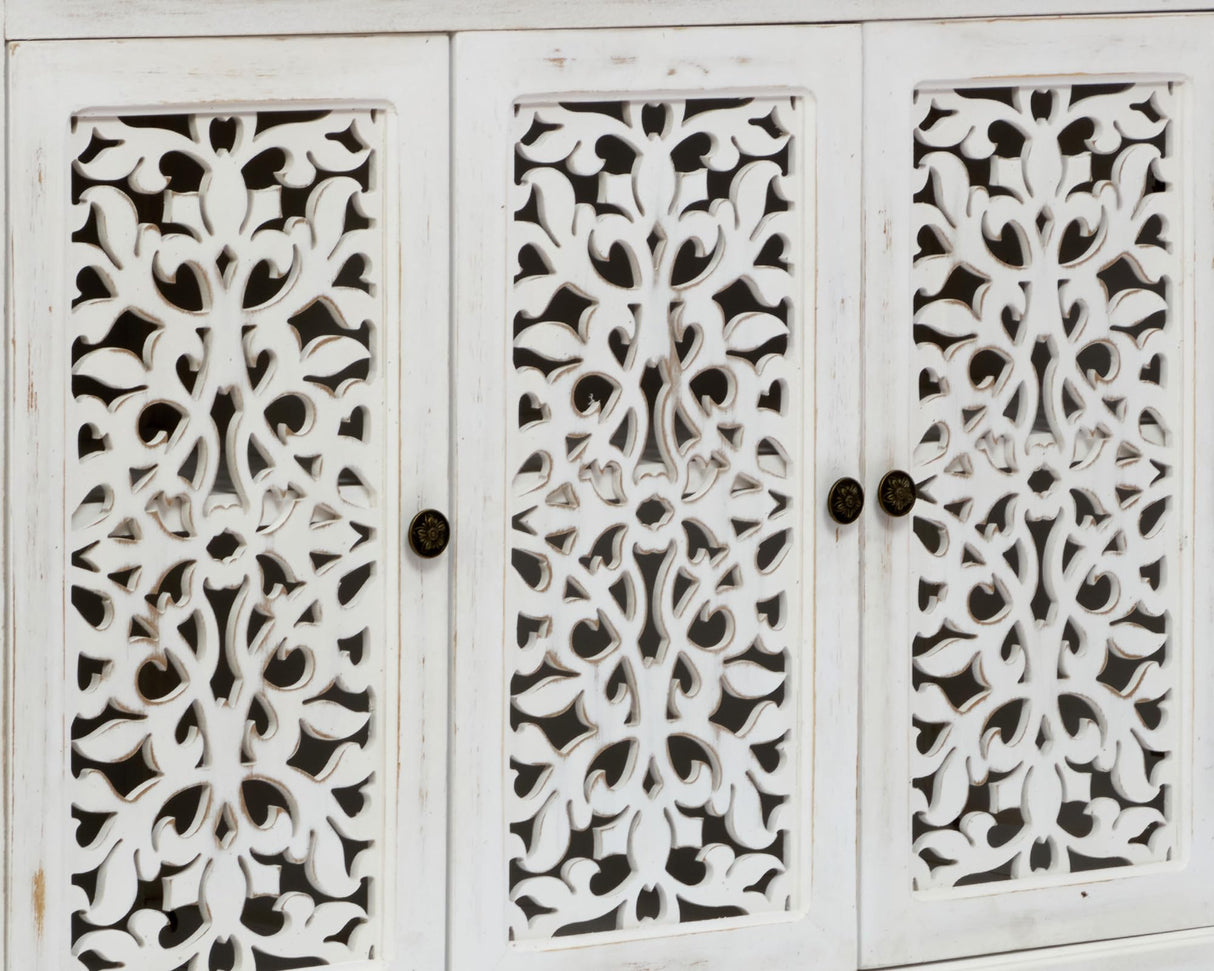 LKTART 44" Sideboard Buffet Cabinet, Farmhouse Accent Storage with 3 Hollow Carved Doors for Living/Dining Room,Kitchen Antique White LKTART