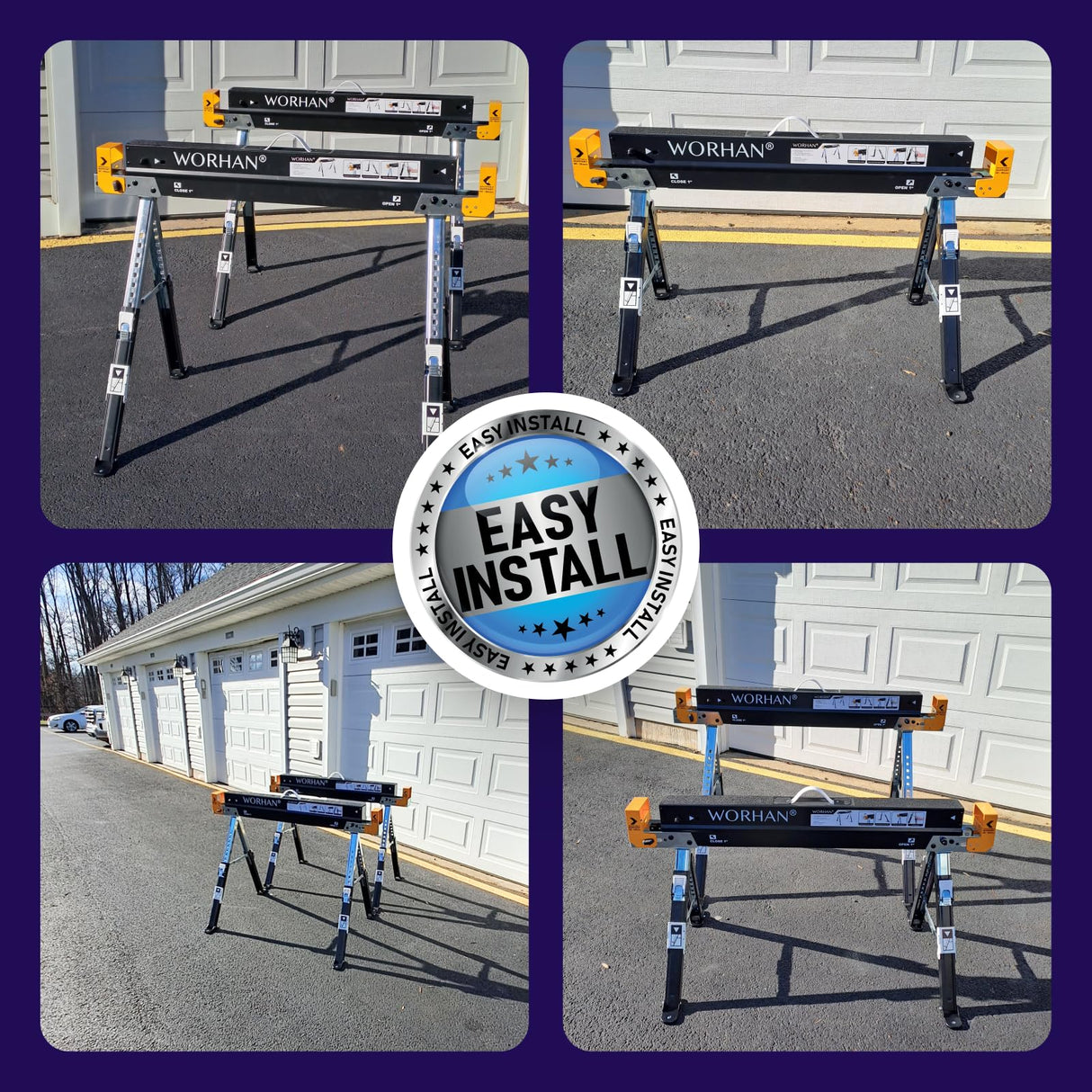 WORHAN Sawhorse Twinpack 2600 lbs Jobsite Table Folding Quickly Adjustable Legs Support Arms Sawing Non Slip Trestle Sawmule Steel Workbench S600A WORHAN