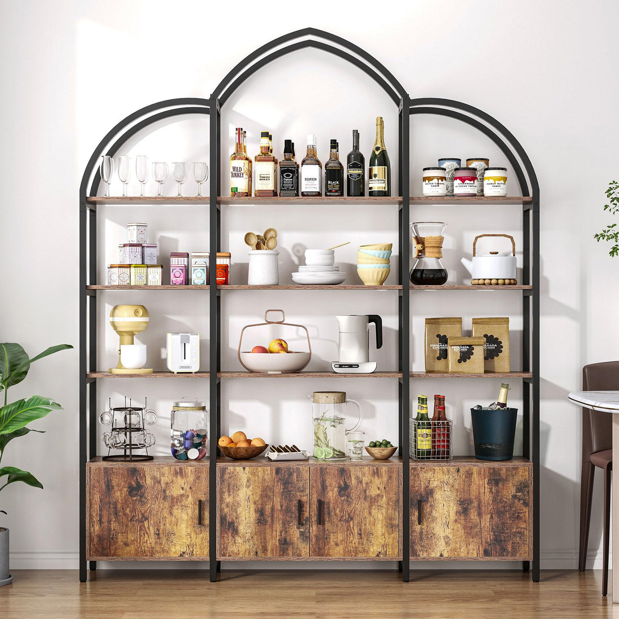 Nosepen Triple Wide 5 Tier Tall Arched Bookshelf and Bookcase with 3 Cabinets, Industrial Metal Etagere Open Bookshelf, Rustic Wood Standing Book Shelf with Black Metal Frame for Bedroom Living Room Nosepen