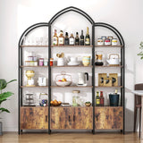Nosepen Triple Wide 5 Tier Tall Arched Bookshelf and Bookcase with 3 Cabinets, Industrial Metal Etagere Open Bookshelf, Rustic Wood Standing Book Shelf with Black Metal Frame for Bedroom Living Room Nosepen