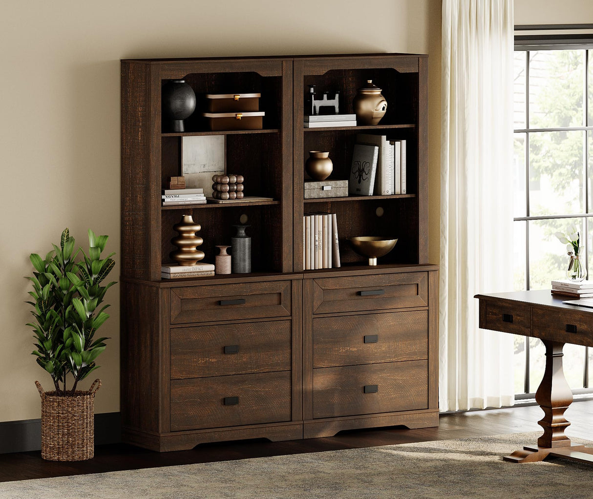 WAMPAT 2 Column 73.3" Tall Bookcase with Chest of Drawers, 63 inch Wide Standing Rustic Bookshelves, Modern Farmhouse Display Storage Cabinet with Adjustable Shelves,Dark Wood Brown WAMPAT