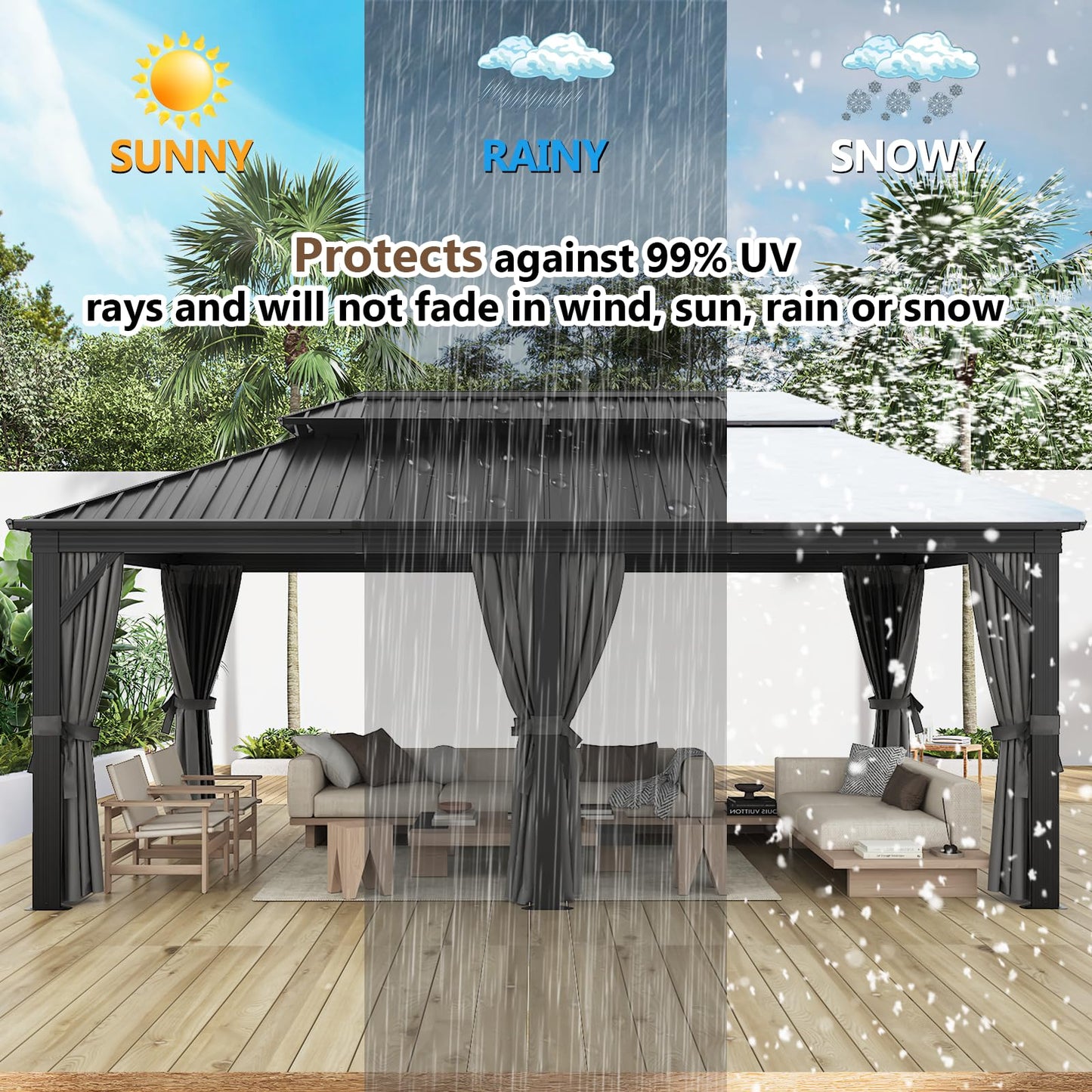 oneinmil 12' X 20' Hardtop Gazebo, Galvanized Steel Double Roof, Aluminum Metal Gazebo with Curtains and Netting, Permanent Gazebo Pavilion for Gardens, Decks, Patios - WoodArtSupply