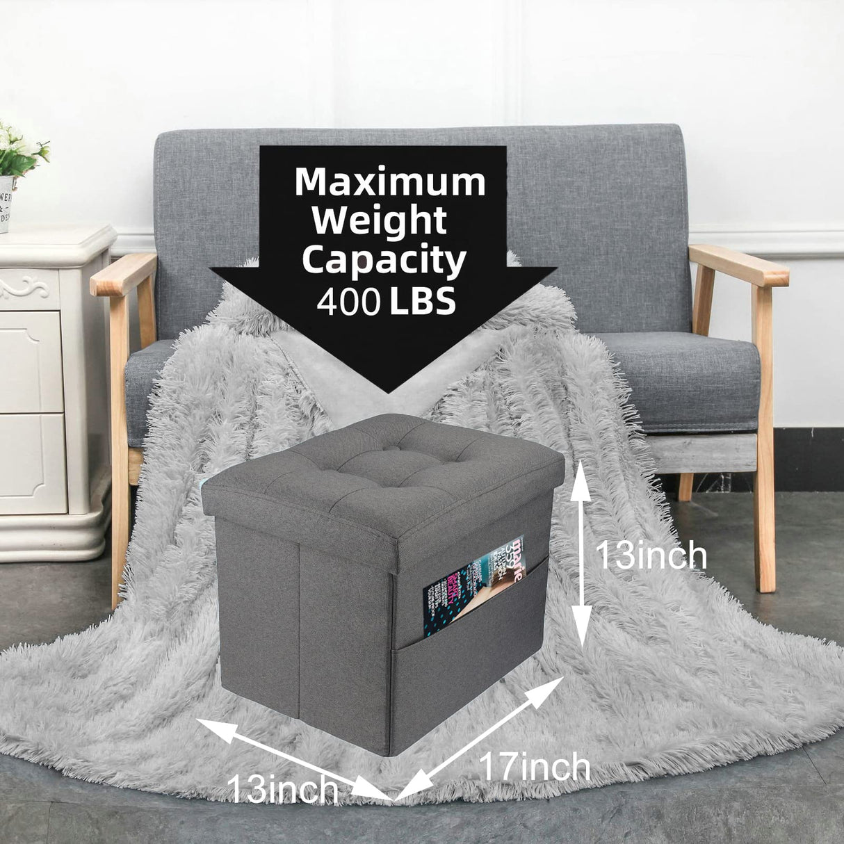 Hamgtrion Ottoman Storage Ottoman Collapsible Ottoman with Storage Foot Rest Small Ottoman with Side Pocket Foot Stools for Living Room Grey L17W13H13inches Hamgtrion