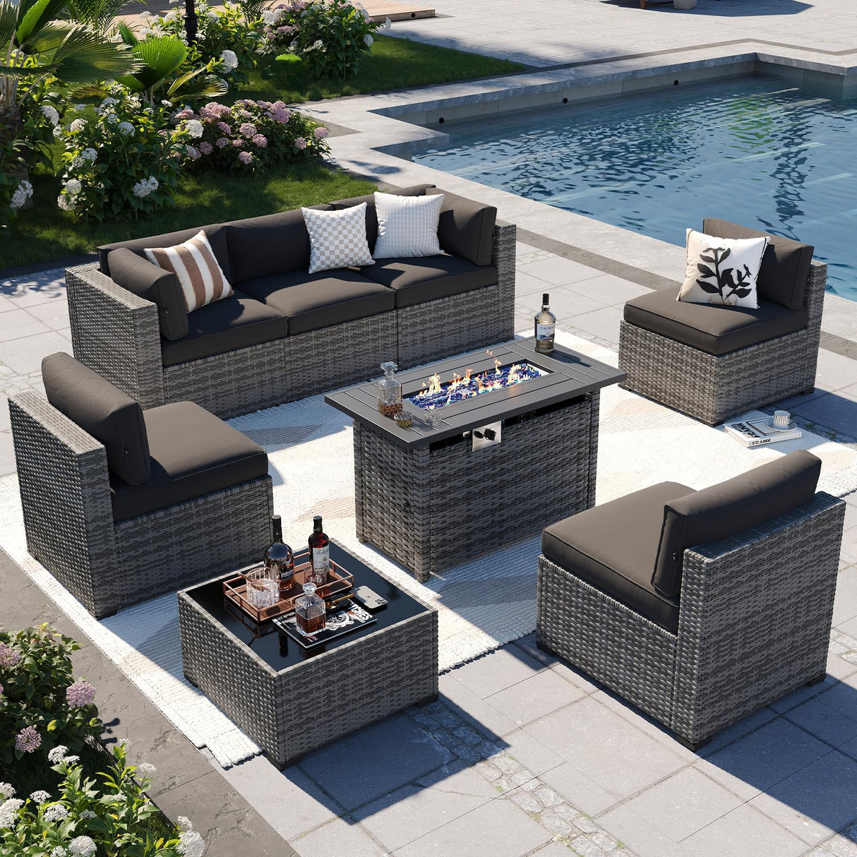 Aoxun Patio Furniture Sets, 8-Piece Outdoor Patio Furniture with 44'' Propane Gas Firepit Table, Wicker Outdoor Conversation Set Sectional Sofa for Backyard, Poolside, Garden Aoxun