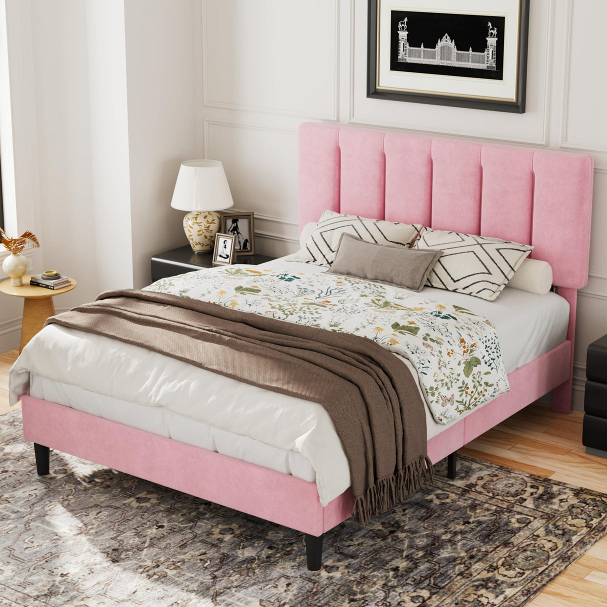 VECELO Full Bed Frame with Upholstered Headboard, Heavy-Duty Platform Bedframe with Strong Wooden Slats Support, No Boxing Spring Needed, Pink VECELO