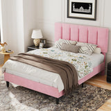VECELO Full Bed Frame with Upholstered Headboard, Heavy-Duty Platform Bedframe with Strong Wooden Slats Support, No Boxing Spring Needed, Pink VECELO