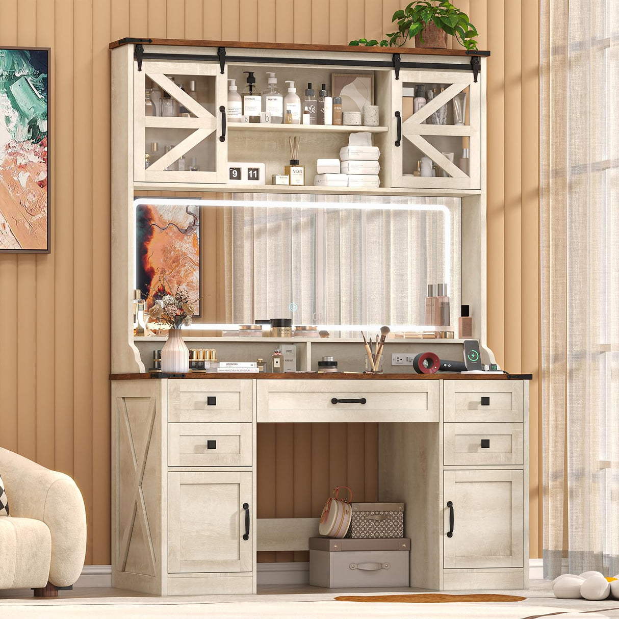 75.2" Farmhouse Vanity Desk with Mirror and Lights, Makeup Vanity Table with 5 Drawers & 2 Sliding RGB Door & Power Outlet, 3 Color Lighting Modes, Big Vanity for Bedroom, Antique White CSZZD