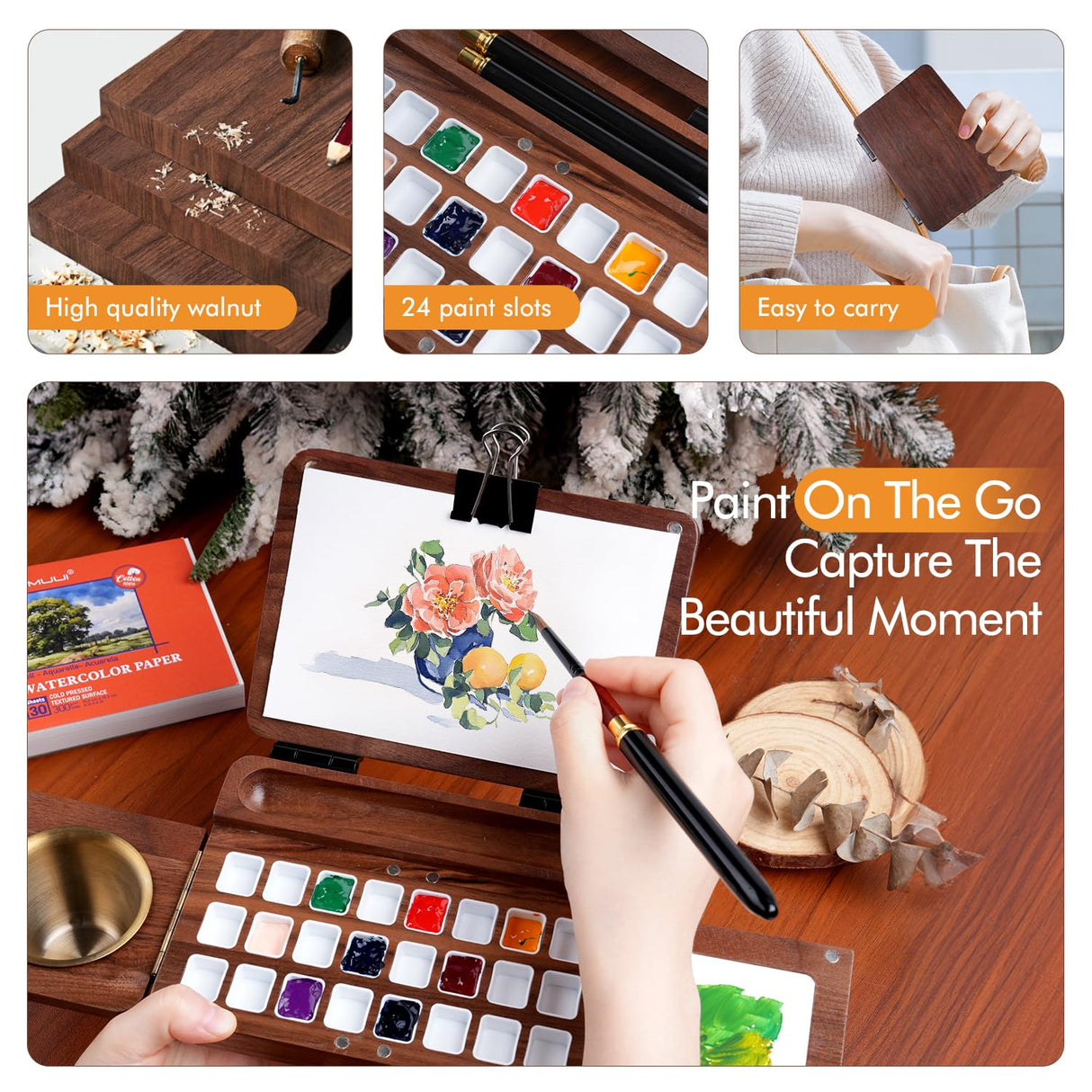 Fuumuui Travel Watercolor Palette 24 Grids Foldable with 2pcs Sable Travel Watercolor Brushes, Portable Walnut Wood Palette Box for Plein Air Painting Fuumuui