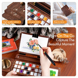 Fuumuui Travel Watercolor Palette 24 Grids Foldable with 2pcs Sable Travel Watercolor Brushes, Portable Walnut Wood Palette Box for Plein Air Painting Fuumuui