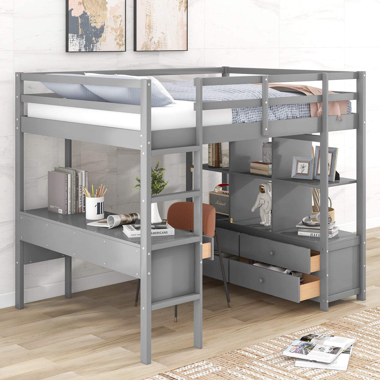 Harper & Bright Designs Full Size Grey Loft Bed with Built-in Desk, Drawers, and Storage Shelves - WoodArtSupply