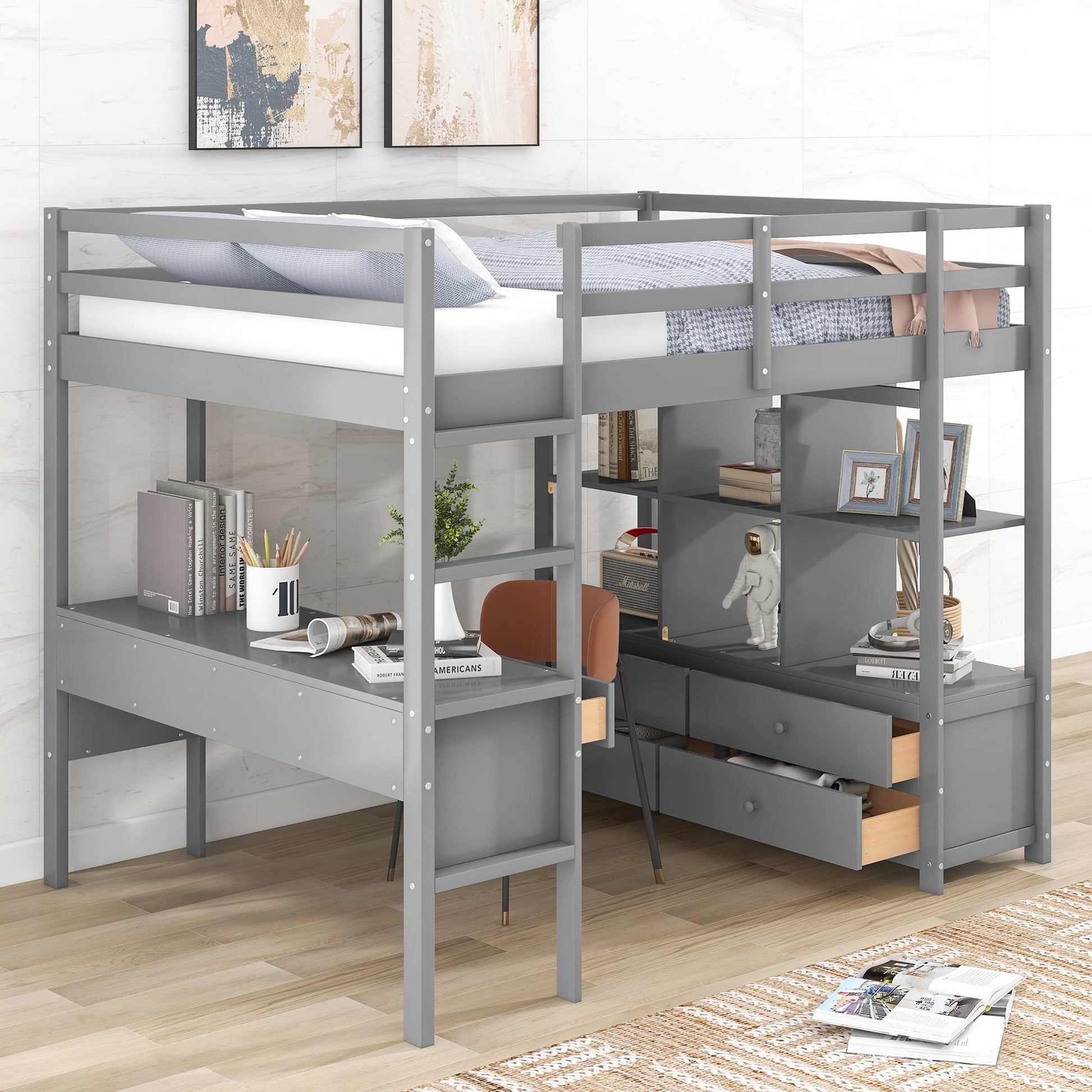 Harper & Bright Designs Full Size Grey Loft Bed with Built-in Desk, Drawers, and Storage Shelves - WoodArtSupply