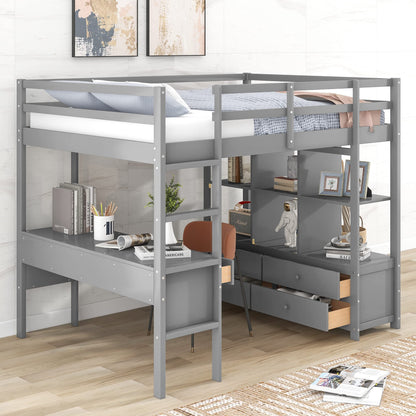 Harper & Bright Designs Full Size Grey Loft Bed with Built-in Desk, Drawers, and Storage Shelves - WoodArtSupply