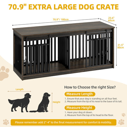 DWVO 71" Double Dog Crate Furniture for 2 Medium Dogs, Heavy Duty Wood Dual Dog Kennel TV Stand with Sliding Doors, Decorative Wooden Two Dog Cage Table with Dog Bowl for Extra Large Dogs Black Oak