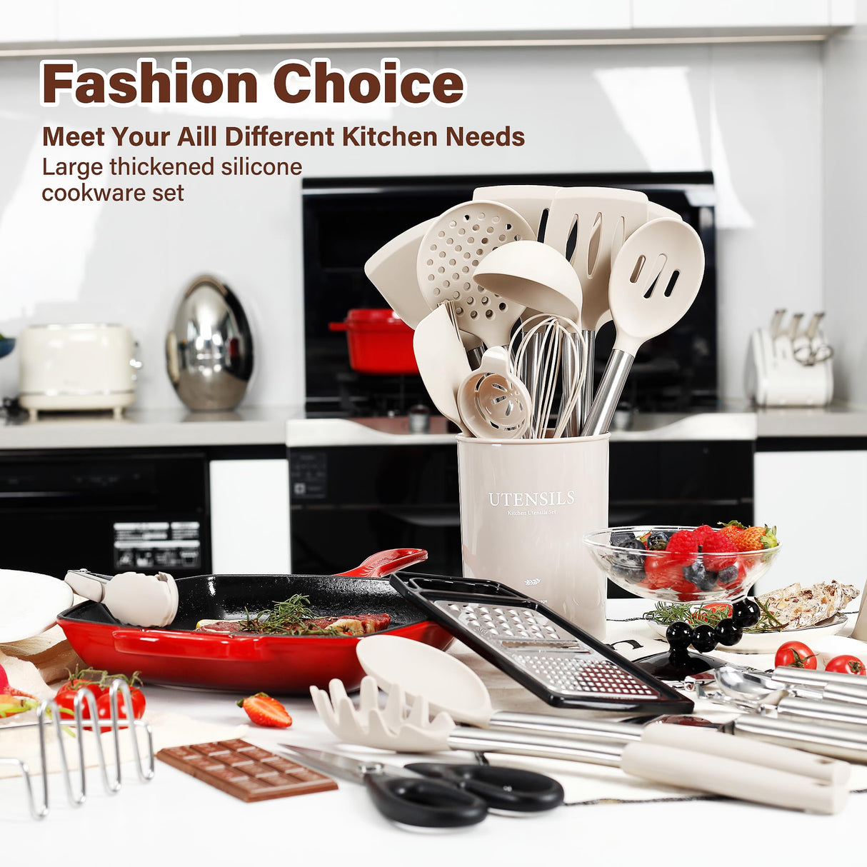 NCUE Kitchen Utensils Set, 35 Pcs Silicone Cooking Utensils Set with Holder, with Stainless Steel Handle Spatula Set, Spoons, Pasta Server, Cheese Grater, Masher, Scissors, Dishwasher Safe (Khaki) NCUE