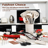 NCUE Kitchen Utensils Set, 35 Pcs Silicone Cooking Utensils Set with Holder, with Stainless Steel Handle Spatula Set, Spoons, Pasta Server, Cheese Grater, Masher, Scissors, Dishwasher Safe (Khaki) NCUE