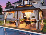 YOLENY 12' x 18' Hardtop Gazebo Faux Wood Grain Metal Gazebo with Aluminum Frame, Galvanized Steel Double Roof, Outdoor Patio Gazebo Pergolas with Netting and Curtains for Backyard, Patio, Lawns YOLENY