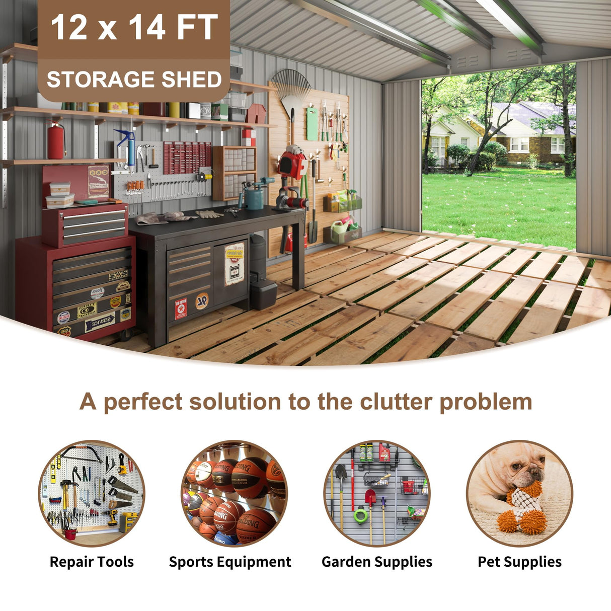 Polar Aurora 12x14 FT Outdoor Storage Shed, Garden Shed with Updated Frame Structure and Lockable Doors, Metal Tool Sheds for Backyard Garden Patio Lawn, White Polar Aurora