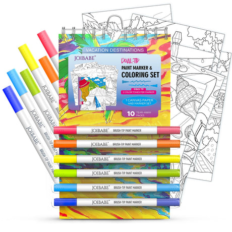 Joibabe Coloring Book Travel Set: 10 Sheets Coloring Paper & 6 Piece Dual-Tip 12 Color Acrylic Marker ，Spiral Binding，for Adults,Stress Relief Gifts,Enhance Aesthetic Appreciation，DIY Creative joibabe