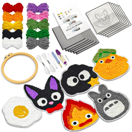 PUNICA Punch Needle Kit for Beginners, Kids & Adults Coaster Set of 6, Easy DIY Embroidery Set Starter Craft Gift with Cute Cartoon Decoration PUNICA
