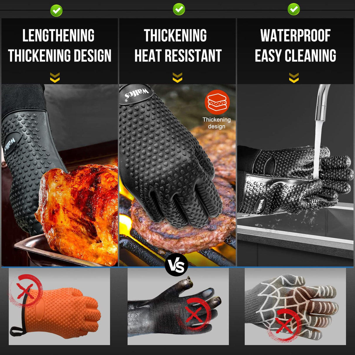 Walfos Silicone BBQ Gloves - Heat Resistant Grilling Gloves, Premium Non-Slip Kitchen Silicone Oven Mitt With Protective Cotton Layer Inside, Waterproof, Great for Grilling, Kitchen and Cooking, Black Walfos