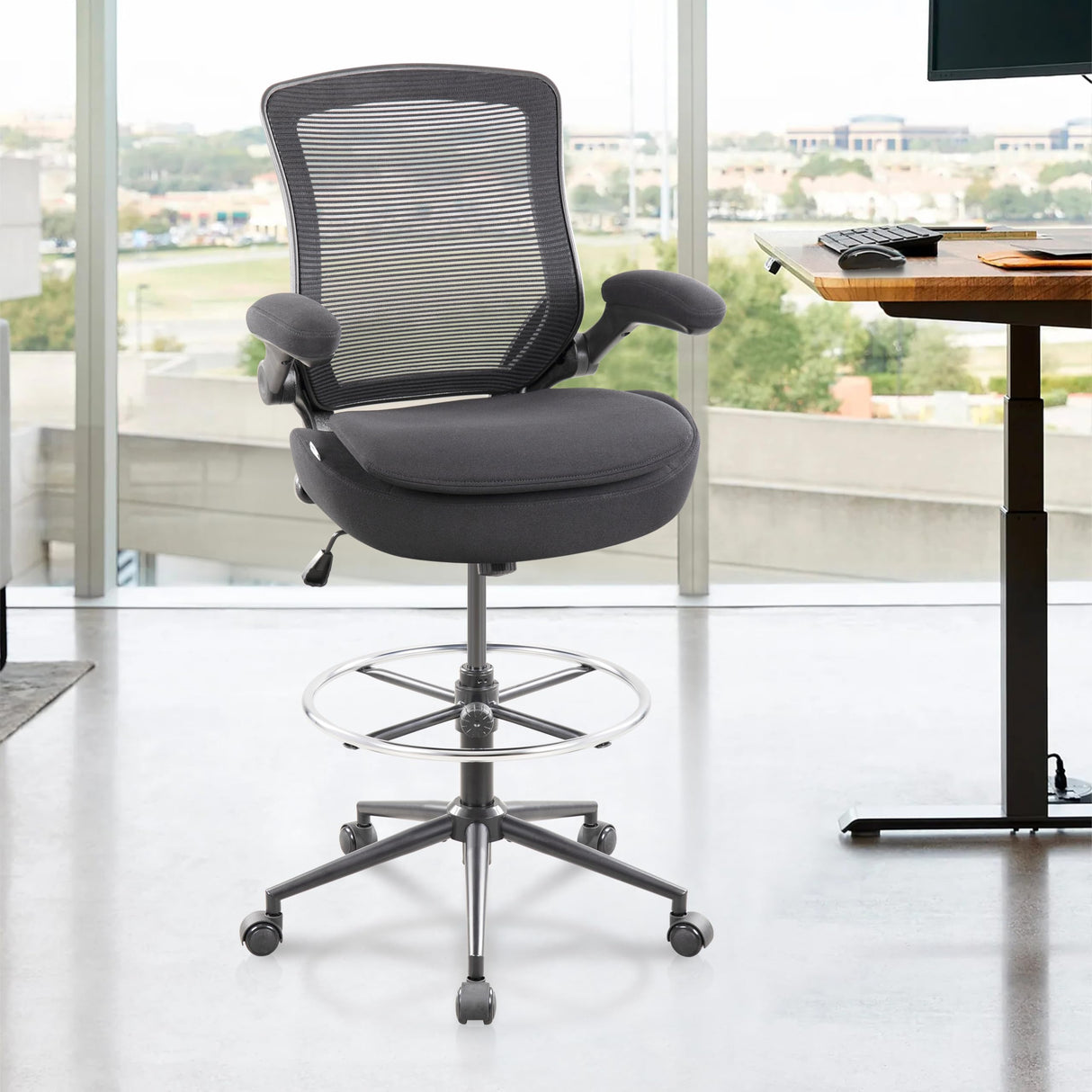 BOJUZIJA Drafting Chair Tall Office Chair, Ergonomic Standing Desk Computer Stools with, Flip-up Armrests, Adjustable Height and Big Foot-Ring, Comfortable Double Seat Cushion Foam Seat(Balck) BOJUZIJA