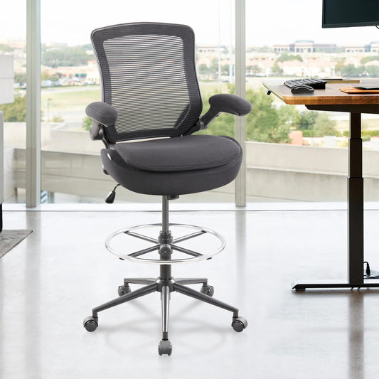 BOJUZIJA Drafting Chair Tall Office Chair, Ergonomic Standing Desk Computer Stools with, Flip-up Armrests, Adjustable Height and Big Foot-Ring, Comfortable Double Seat Cushion Foam Seat(Balck)