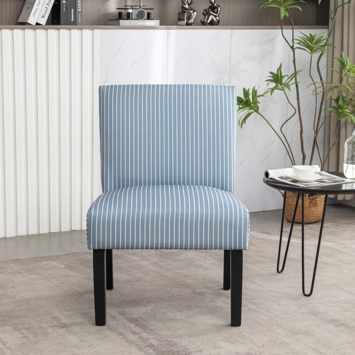 Roundhill Furniture Botticelli Blue Stripe Upholstered Slipper Accent Chair Roundhill Furniture