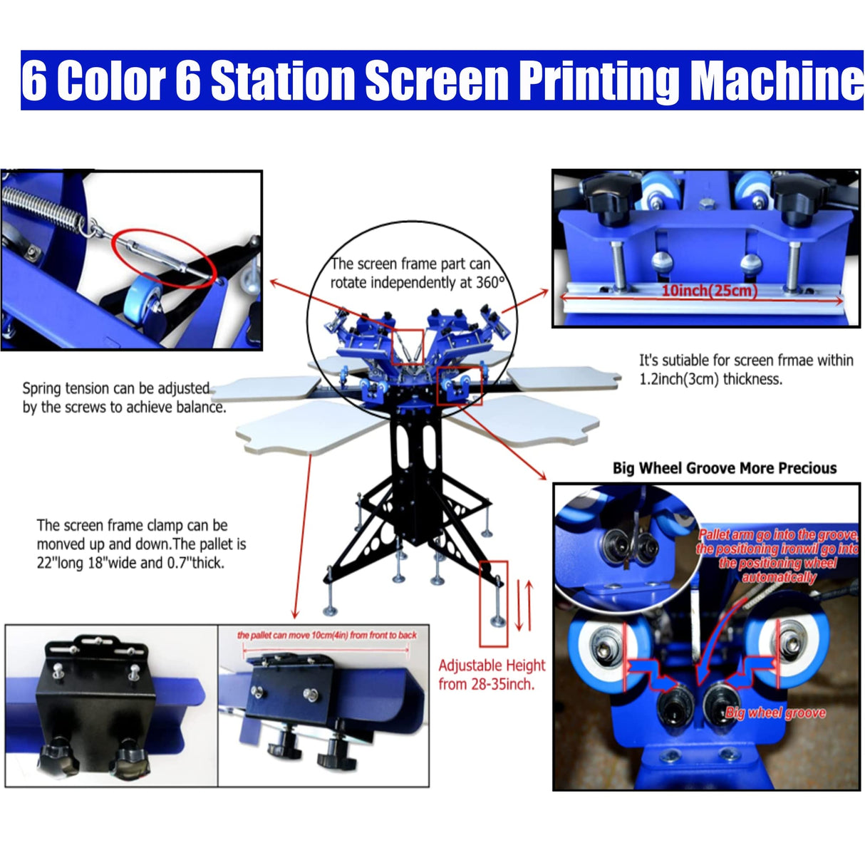 Screen Printing Kit 6 Color Full Set 6 Color 6 Station Screen Printing Machine Screen & Platen Rotating Screen Printing Press Screen Printing Kit