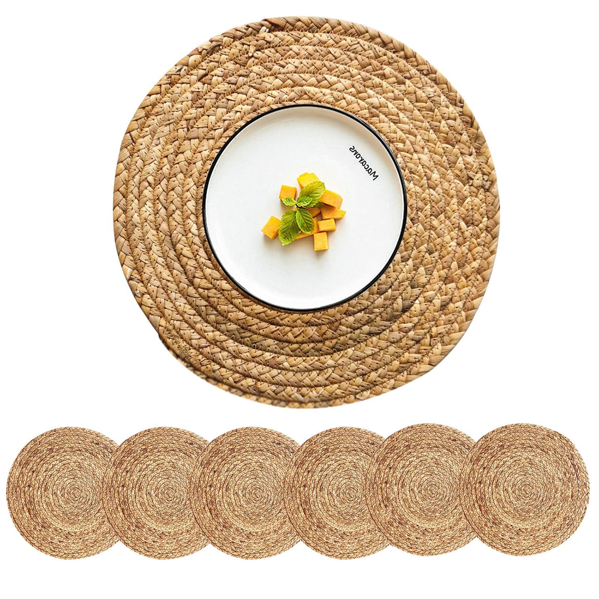 CY SISTERS Woven Placemats Round Placemats Set of 6, 13.5 Inch Wicker Placemats Circle Rattan Placemats Farmhouse Boho Braided Natural Water Hyacinth Place Mats for Indoor & Outdoor Table Decor CY SISTERS