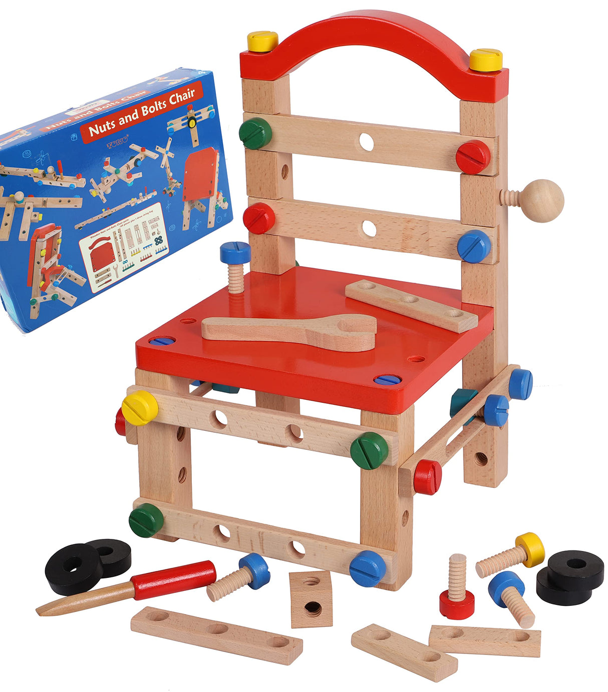 Wooden Nuts and Bolts Set - Construction Work Bench Chair - Wooden Construction Kits for Kids - Wooden Toys for 4 Years Old -Compatible with TOWO Nuts Bolts Set Toys of Wood Oxford