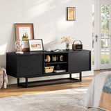HAIOOU TV Stand for 50 55 Inch TV, Modern TV Console Small Entertainment Center with Sturdy Metal Base, Push-to-Open Doors and Soft-Close Hinges for Living Room, Bedroom - Wood Grain Black HAIOOU