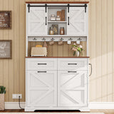 IRONCK 72" Kitchen Pantry Storage Cabinet, Farmhouse Kitchen Hutch with Microwave Stand & Charging Station, Freestanding Tilt Out Trash Can Cabinet for Dining Room, White IRONCK