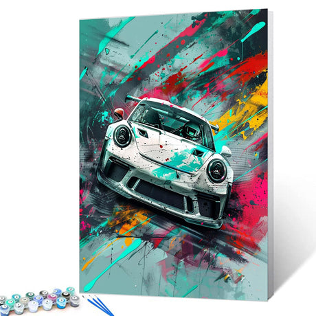 Aihonmin White Racing Car Paint by Numbers Kits for Adult Beginners,Classic Car Paint by Numbers Extrem Sport Painting by Numbers Unique Gift Home Wall Decor Art Crafts Without Framed 16''W x 20''H Aihonmin