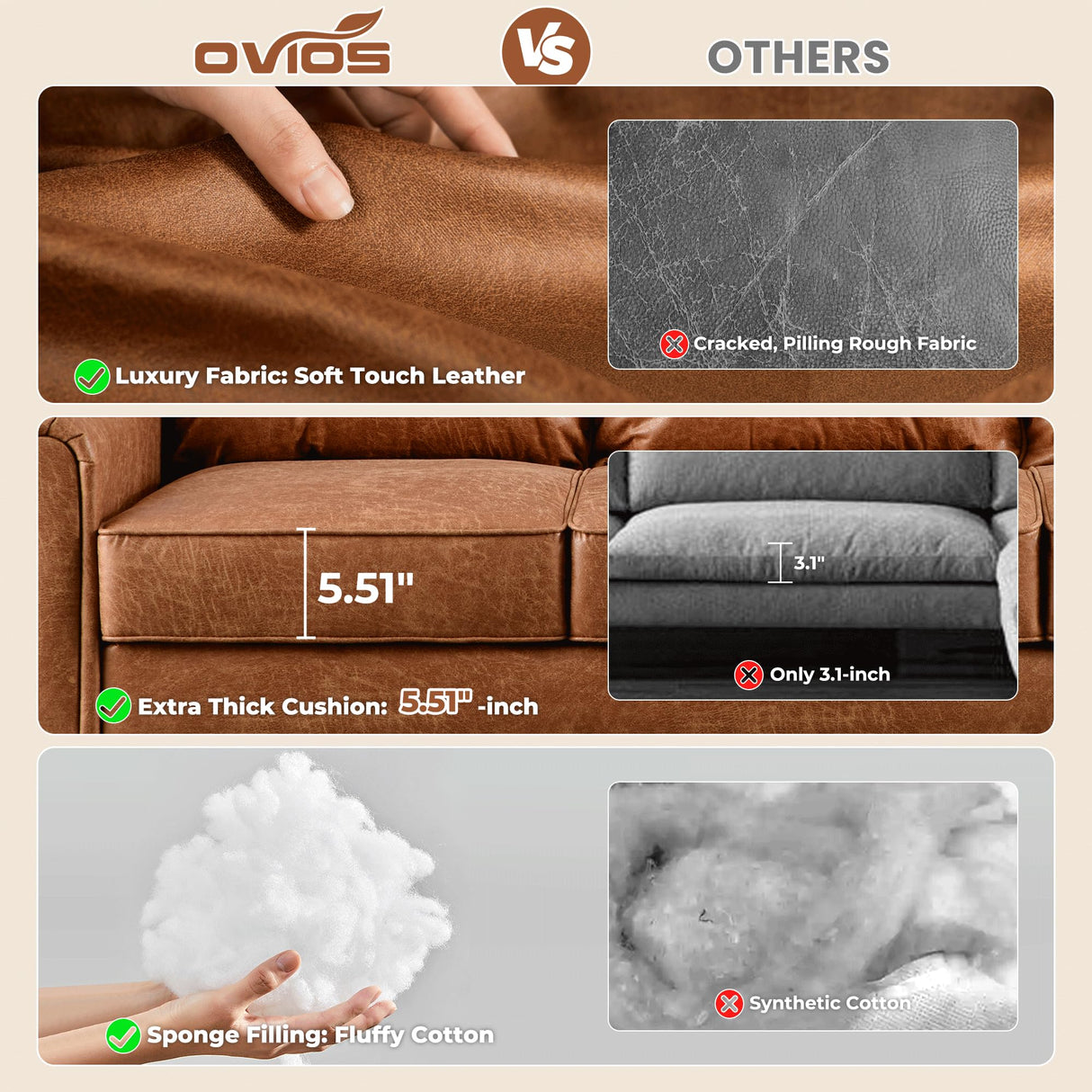 ovios 73.6" Luxury Sofa Couch, 3-Seater Comfy Suede Faux Leather Sofas Couches, Mid-Century Modern Neutral Deep Seat Small Cloud Sofa for Living Room Office, Brown ovios