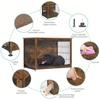 DWANTON Dog Crate Furniture with Cushion, Wooden Dog Crate Table, Double Doors Dog Furniture, Indoor Dog Kennel, Dog House, Dog Cage Large, 38.5" L, Rustic Brown - WoodArtSupply