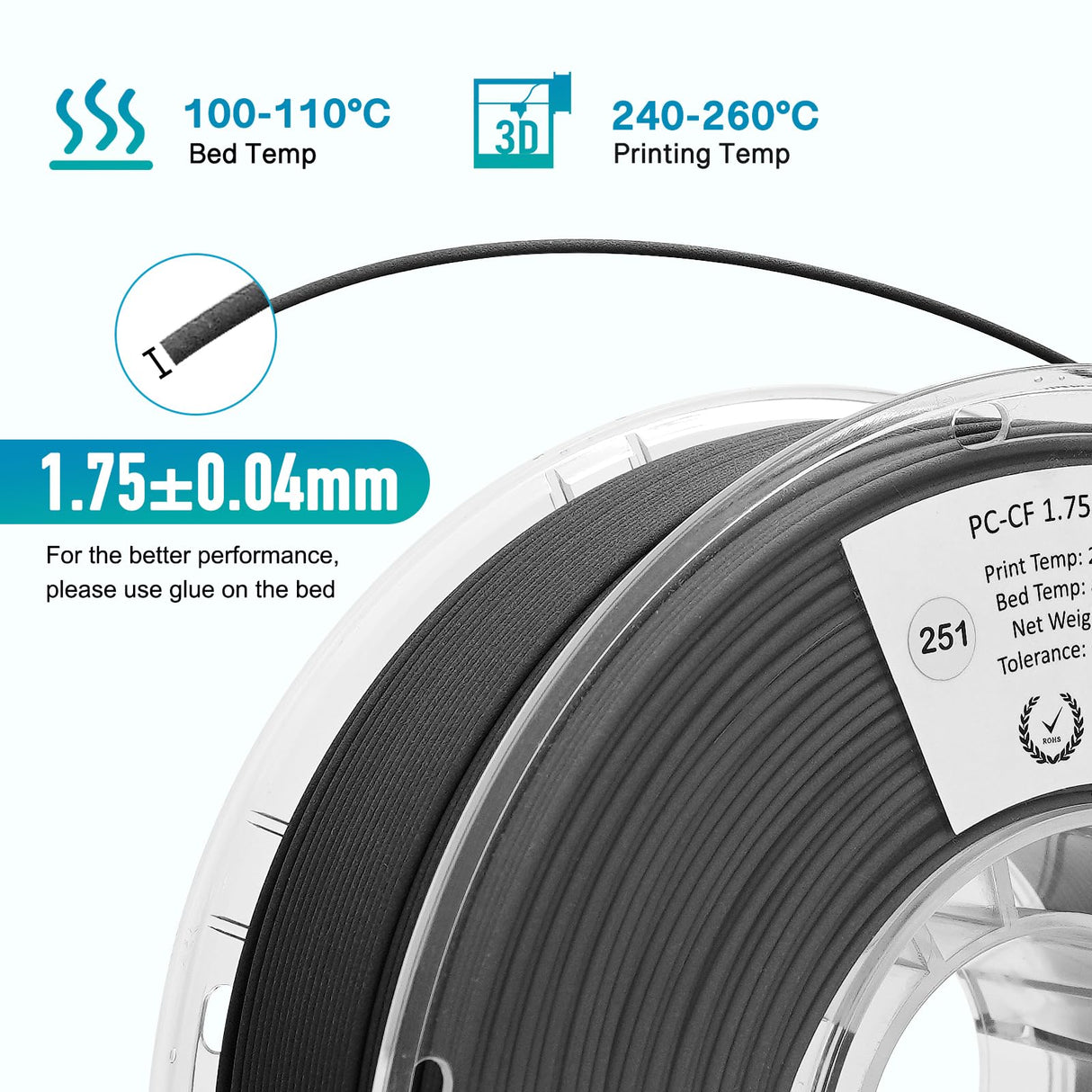 YXPOLYER PC-CF Filament Polycarbonate PC Carbon Fiber Engineering-Grade Filament 1.75mm 1kg with Reusable High-Heat Tolerant Spool yxpolyer