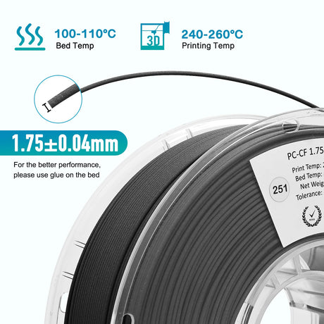 YXPOLYER PC-CF Filament Polycarbonate PC Carbon Fiber Engineering-Grade Filament 1.75mm 1kg with Reusable High-Heat Tolerant Spool yxpolyer