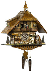 Trenkle Quartz Cuckoo Clock Black Forest House with Moving Wood Chopper and Mill Wheel, with Music TU 4259 QMT HZZG Trenkle