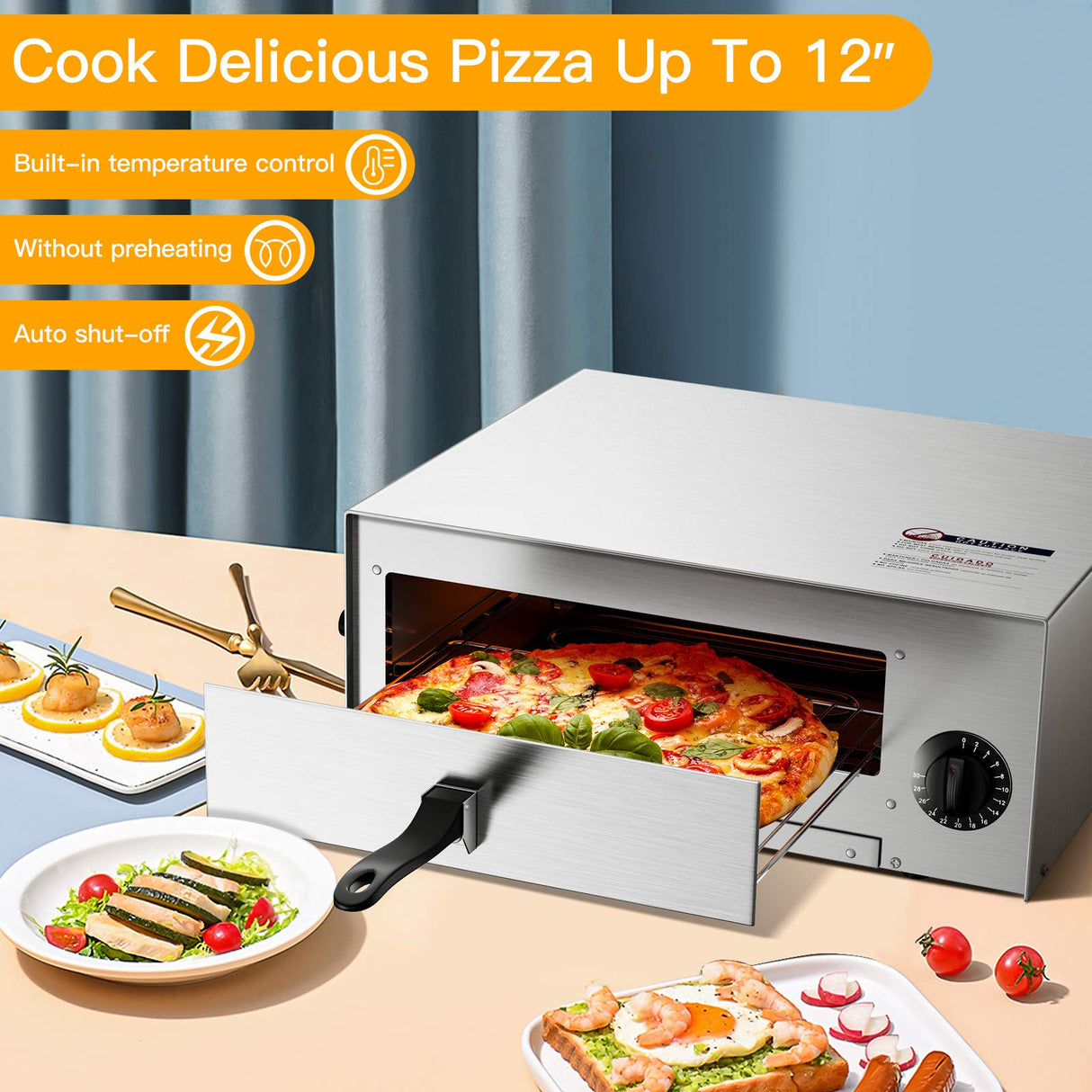 Electric Pizza Oven, Stainless Steel Pizza Baker With Auto Shut-off, Handle, Removable Pizza Tray, Countertop Pizza Maker For Kitchen & Commercial Use COSTWAY