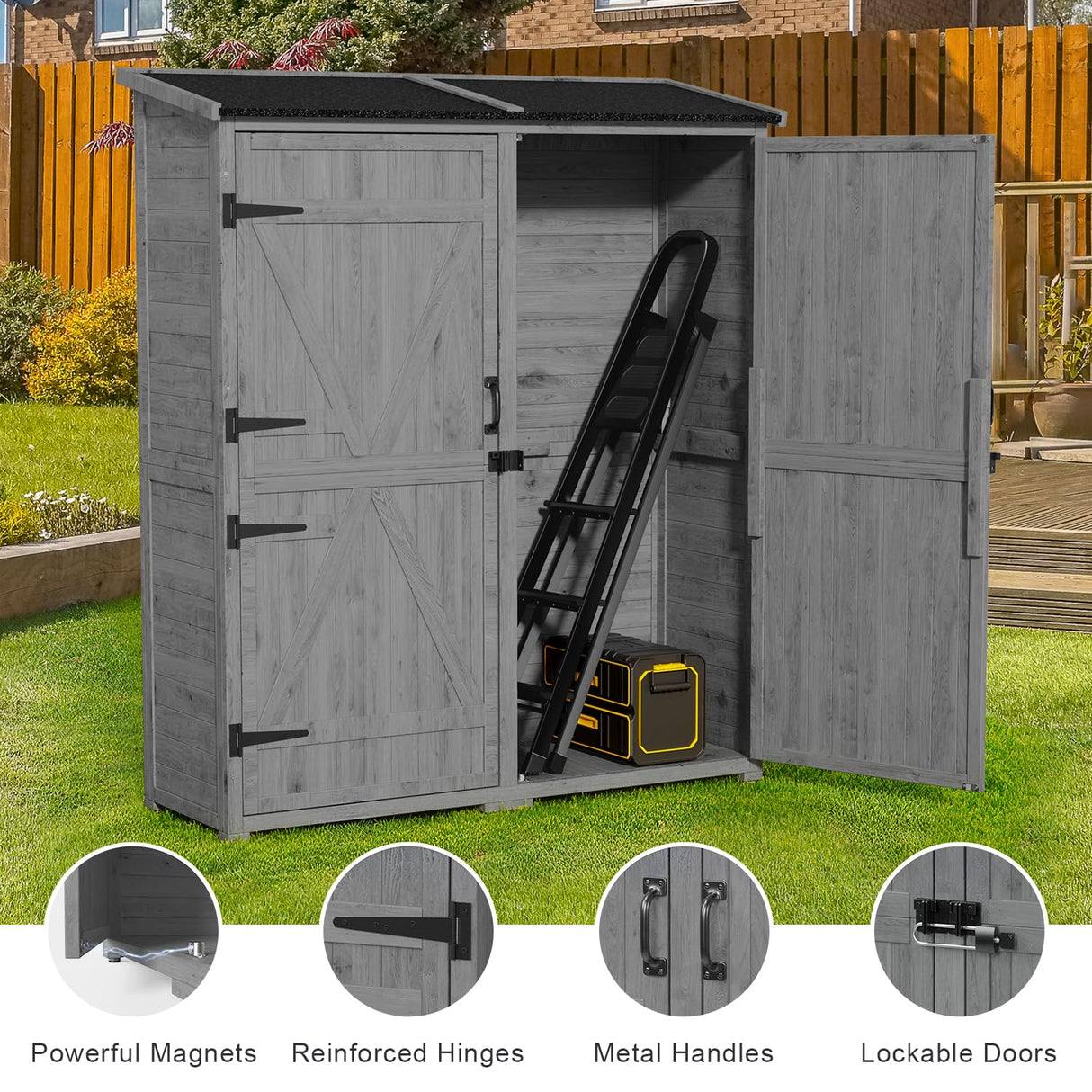 Gizoon Outdoor Storage Cabinet with Waterproof Roof, Double Lockable Doors Garden Shed with 2 Removable Shelves, Wooden Storage Shed with Large Storage Space for Patio, Garden, Backyard, Lawn, Grey Gizoon
