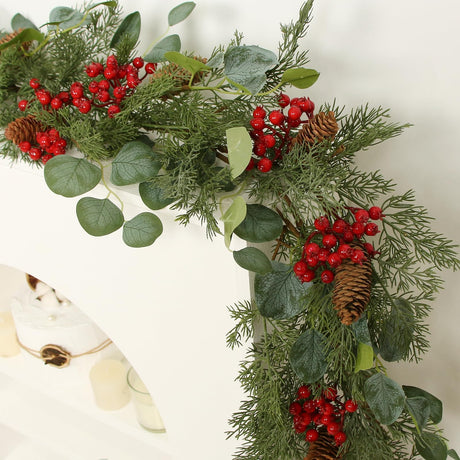 ZIFTY 6FT Christmas Garland Artificial Pine and Cypress with Red Berries Eucalyptus Leaves Pine Cone Perfect for Indoor and Outdoor Holiday Decorations ZIFTY