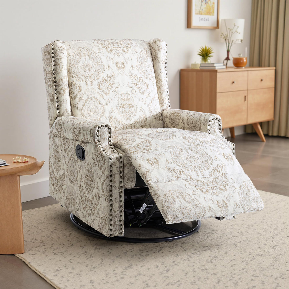DREAMSIDEA Swivel Rocker Recliner Chair, Manual Nursery Glider Recliner, Floral Fabric Wingback Accent Chair with Adjustable Backrest & Footrest for Small Spaces Living Room Bedroom (Beige, Set of 1) DREAMSIDEA